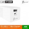 J5CREATE  45W 2-PORT DYNAMIC PD USB-C MINI CHARGER JUP2445