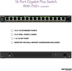 NETGEAR GS316EP 16-Port PoE+ Gigabit Managed Desktop Switch 