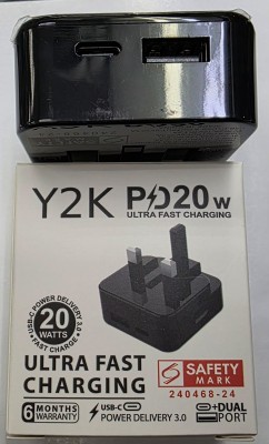 Y2K PD20W FAST CHARGING BLACK MINI USB & USB-C ADAPTER