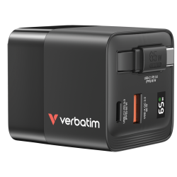 Verbatim GaN Charger 65W 2 Port Cable Display US/UK/EU VM322
